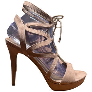 Guess Aurela Women's 10M Beige Suede Platform Heels Stiletto Sandal Cage Strappy